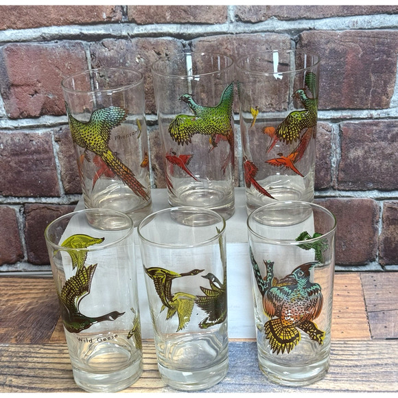 6 Vtg Federal Glass Game Bird Glasses 5.5 Inch Pheasant Grouse Wild Geese MCM - Picture 1 of 9